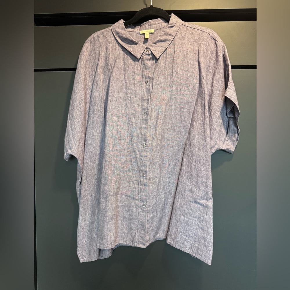 Eileen Fisher Organic Linen Purple Short Sleeve Button Shirt